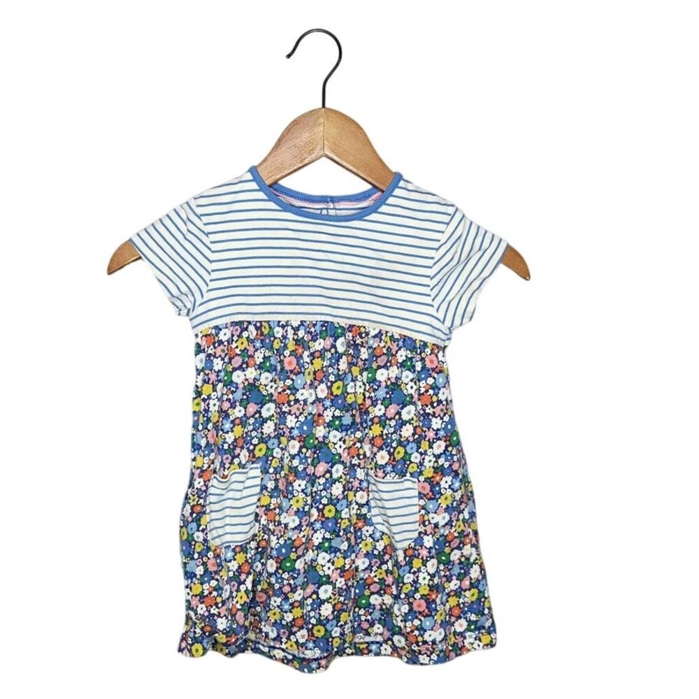 Baby Boden Dress 100% Cotton Stripes Floral Pockets Blue White 3-4Y